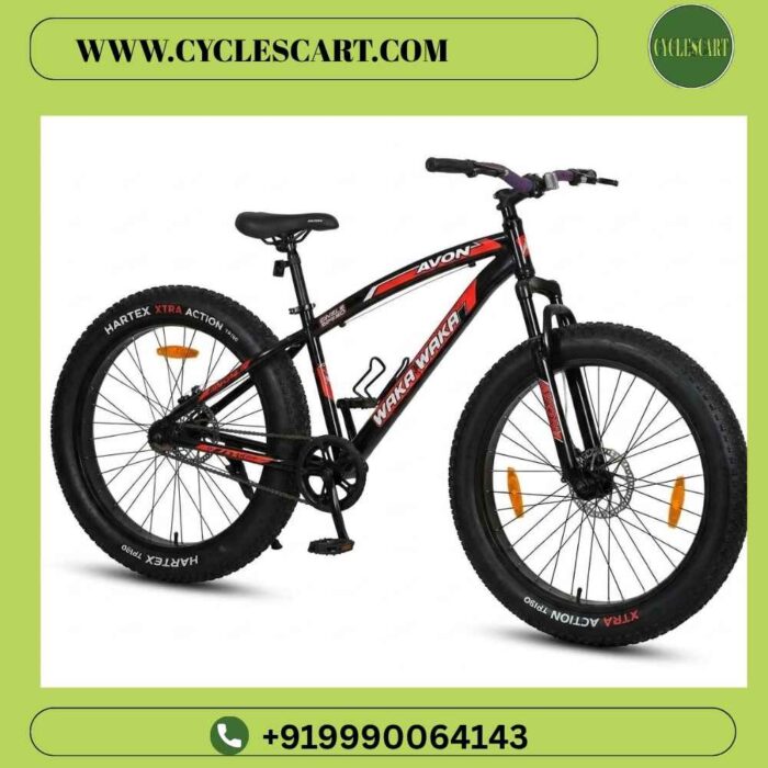 Front three-quarter view of Avon Waka Waka fat tyre cycle highlighting wide handlebar and dual disc brakes | Cyclescart