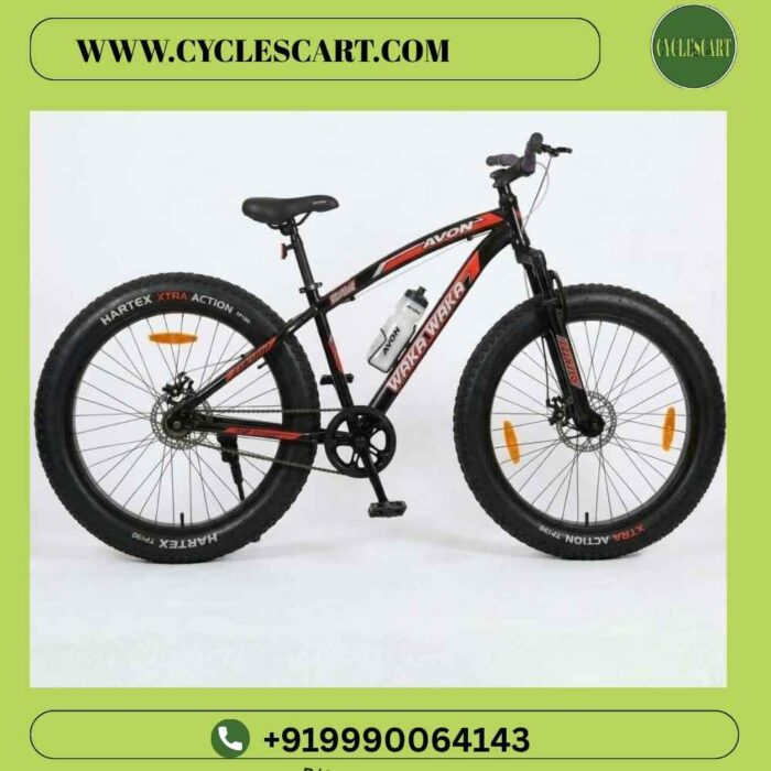 Avon Waka Waka 26T fat tyre cycle side profile showing 26x4.00 tyres, front suspension, disc brakes and water bottle | Cyclescart