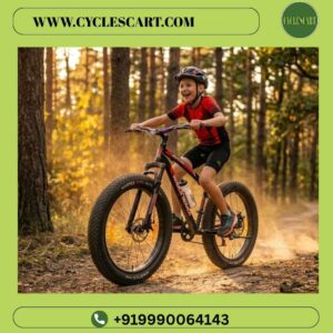 Teen boy riding Avon Waka Waka fat tyre cycle on off-road forest trail kicking up dust | Cyclescart
