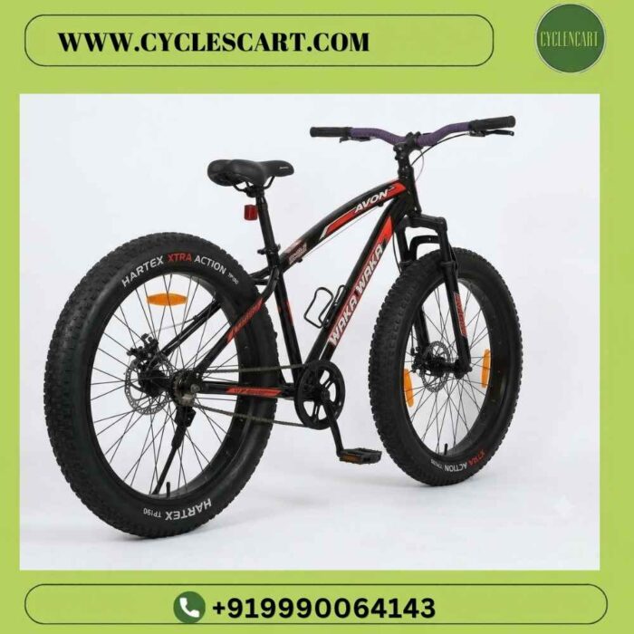 Studio shot of Avon Waka Waka 26 inch black and red fat tyre bicycle with side stand deployed | Cyclescart