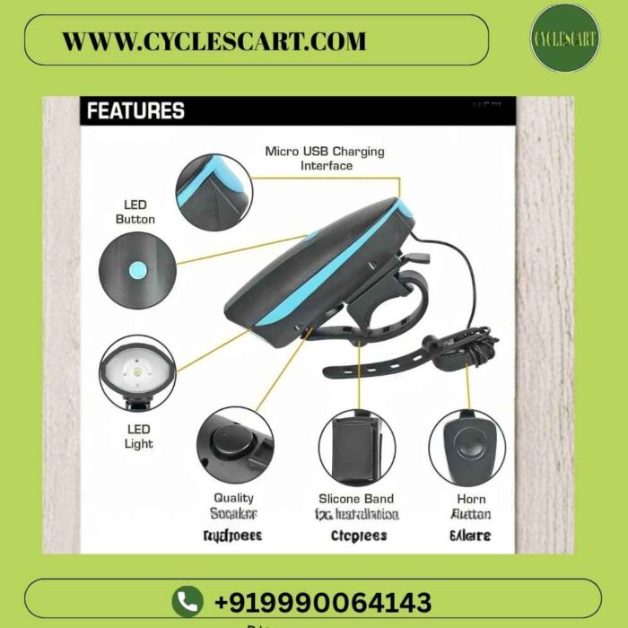 cycle-horn-and-light-features-infographic Infographic of 2 in 1 cycle headlight and horn showing micro USB charging, LED light, speaker and remote button | CYclescart