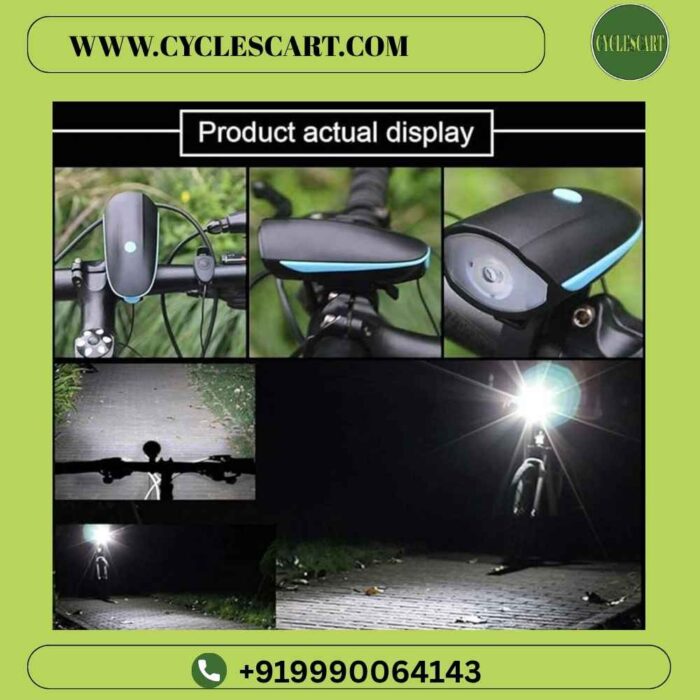 cycle-light-horn-actual-display-night-beam Collage showing bicycle horn and light actual display mounted on bike and bright night road beam | Cyclescart