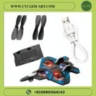 RC Fighter Jet Drone in Blue and Red with spare propellers, battery, and USB charging cable