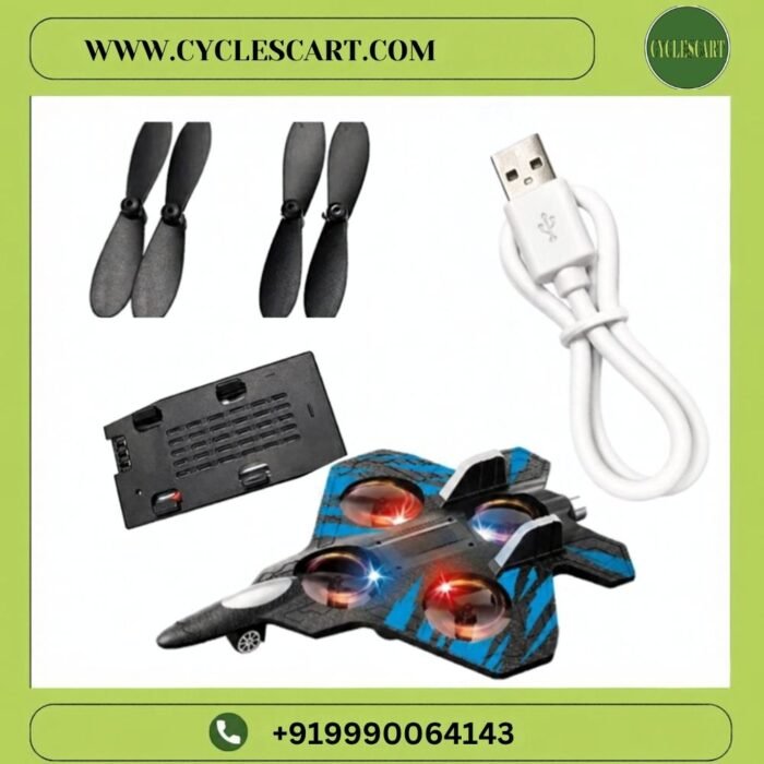 RC Fighter Jet Drone in Blue and Red with spare propellers, battery, and USB charging cable