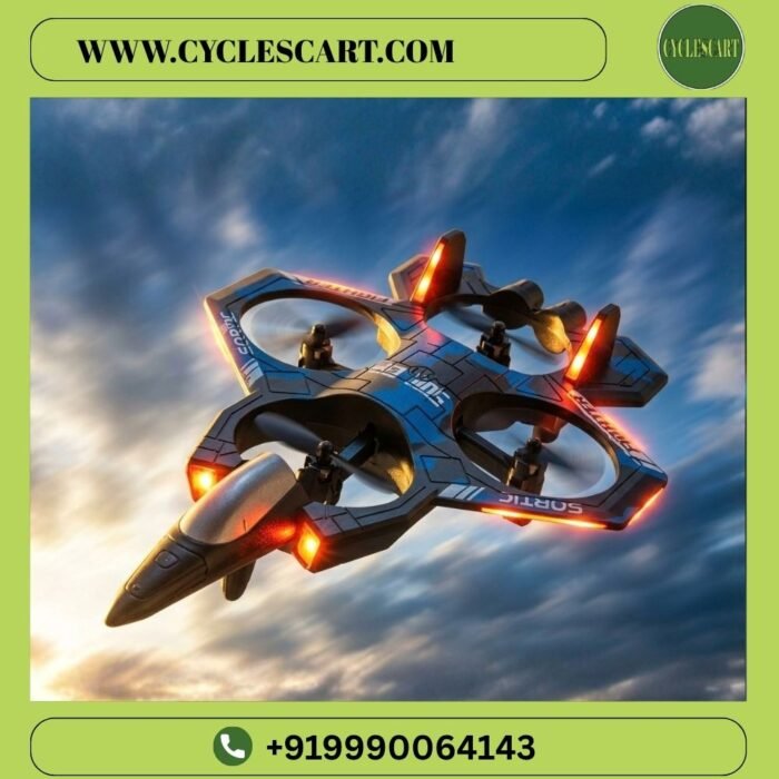 RC Fighter Jet Drone flying in the sky with LED lights glowing