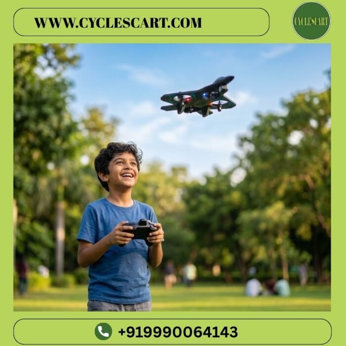 Child playing with RC Fighter Jet Drone outdoors in park