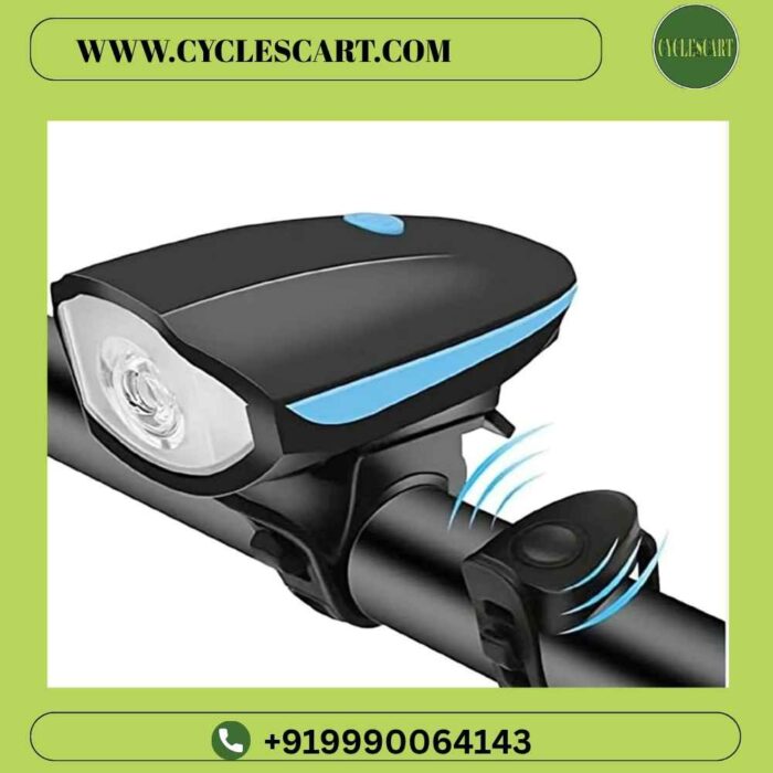 rechargeable-bicycle-headlight-with-loud-horn. 2 in 1 bicycle headlight and loud electronic horn mounted on cycle handlebar with remote thumb switch | Cyclescart