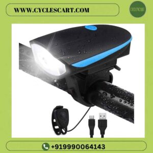 Waterproof rechargeable cycle headlight glowing in the rain with remote button and USB charging cable | Cyclescart