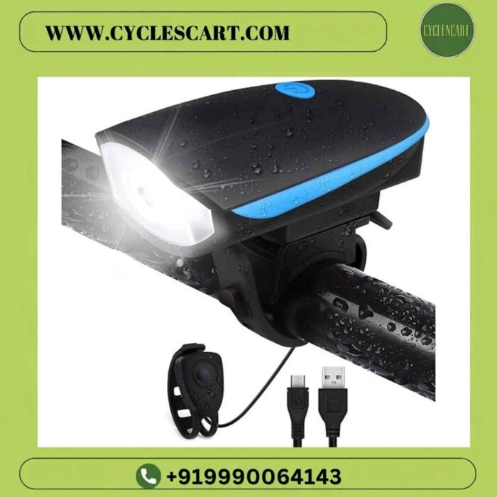waterproof-cycle-light-and-horn-usb-cable Waterproof rechargeable cycle headlight glowing in the rain with remote button and USB charging cable | Cyclescart