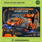 1:18 scale 2-in-1 transforming RC robot stunt car in orange showing one-button deformation and 2.4GHz remote | Cyclescart