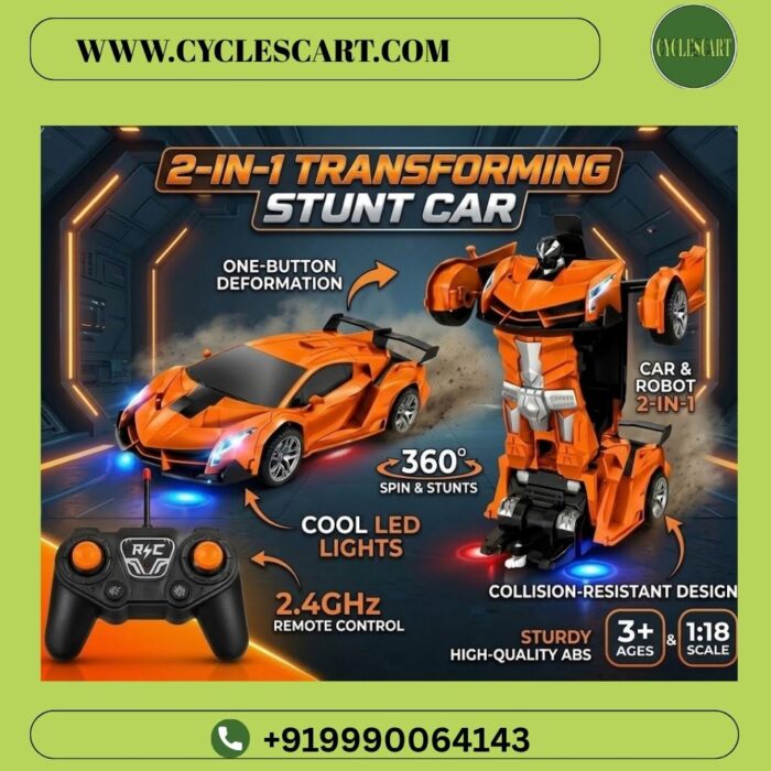 1:18 scale 2-in-1 transforming RC robot stunt car in orange showing one-button deformation and 2.4GHz remote | Cyclescart