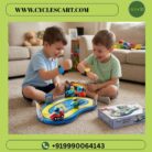 2 kids playing wireless somatosensory race set with motion sensor wristbands and dual car track