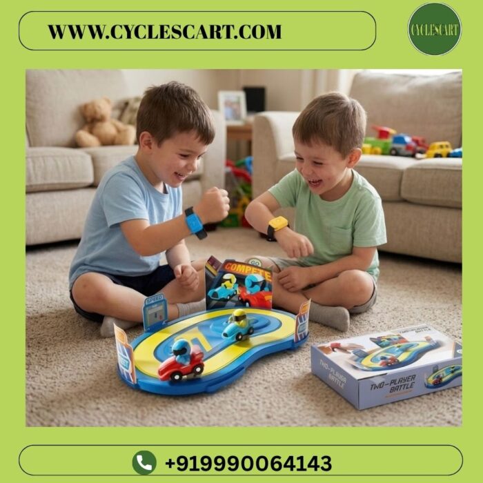 2 kids playing wireless somatosensory race set with motion sensor wristbands and dual car track