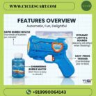Automatic bubble gun blaster features overview detailing rapid nozzle, dynamic LED lights, trigger grip, and bubble water bottle on CyclesCart