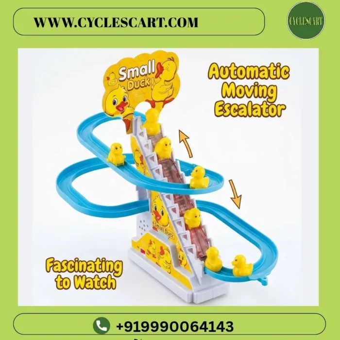 Automatic moving escalator duck track toy showing yellow ducks climbing stairs and sliding on blue track at CyclesCart.