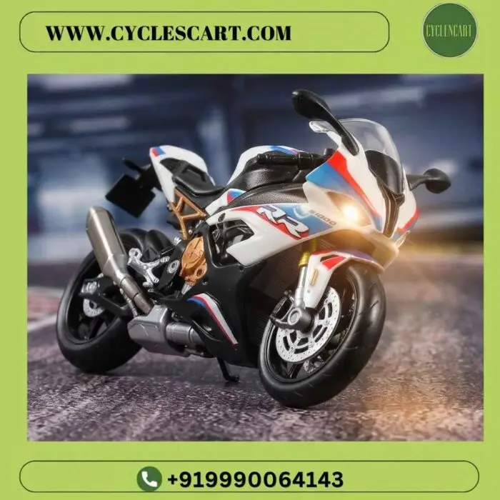 bmw-s1000rr-toy-motorcycle-glowing-led-headlight Front close-up view of BMW S1000RR die-cast superbike with glowing LED headlights and disc brakes | Cyclescart