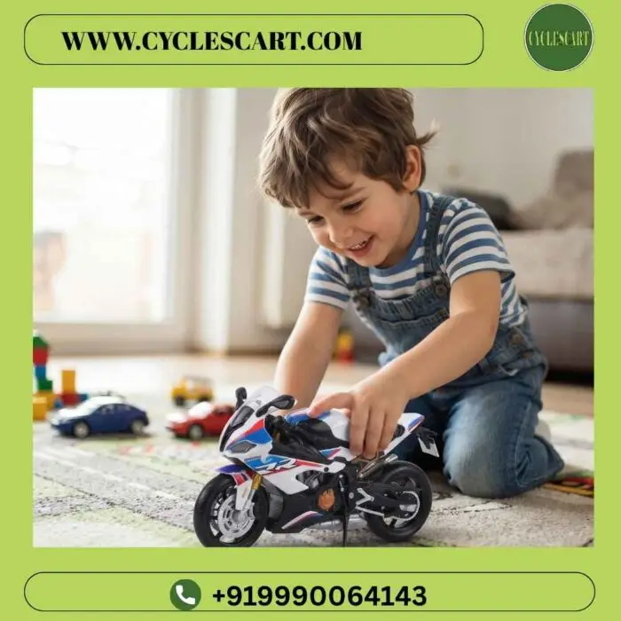 child-playing-bmw-s1000rr-die-cast-bike-toy Young boy smiling and playing on carpet floor with BMW S1000RR die-cast metal superbike toy | Cyclescart