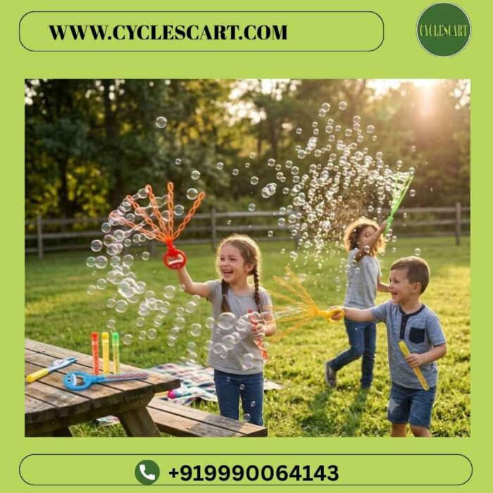 Three happy children waving fan-style bubble wands creating huge waves of bubbles on a sunny lawn | Cyclescart