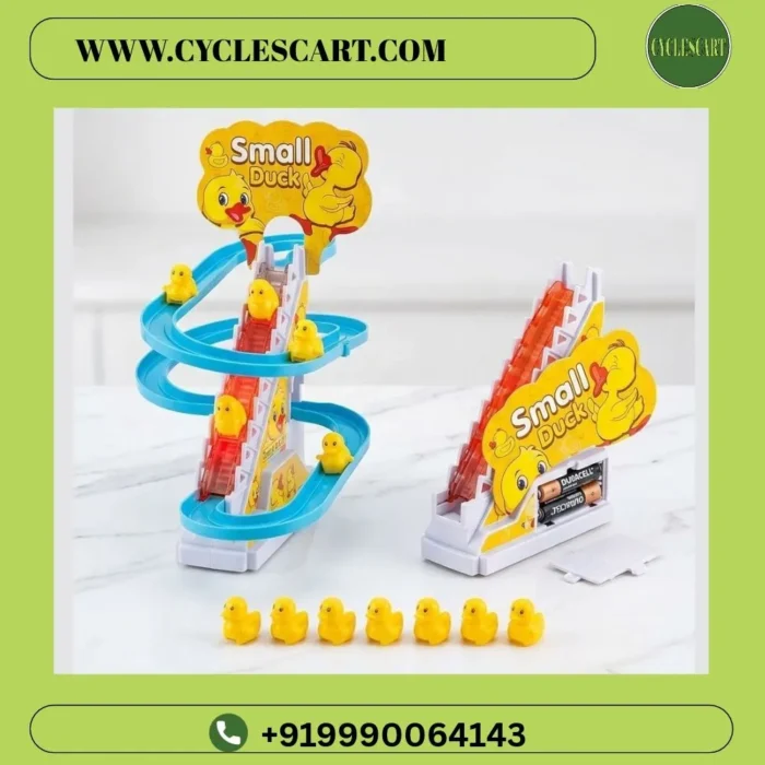 Front and rear view of electric duck escalator toy displaying the 2 AA battery slot and yellow duck figures. | Cyclescart