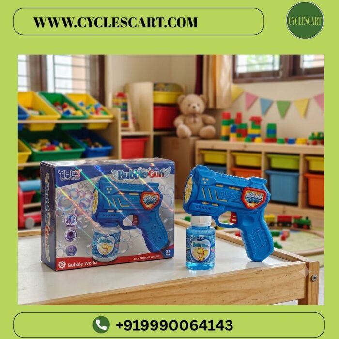 electric-bubble-gun-toy-box-packaging-playroom Blue electric bubble blaster gun with retail box packaging and bubble solution bottle displayed on wooden kids table | Cyclescart