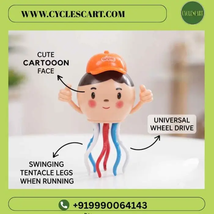 Electric Octopus Toy Features Overview Infographic of dancing octopus toy highlighting swinging tentacle legs, universal wheel drive | Cyclescart