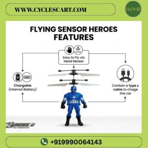 flying-captain-america-sensor-features-type-c Infographic showing flying sensor superhero toy features with hand sensor and Type-C charging | Cyclescart