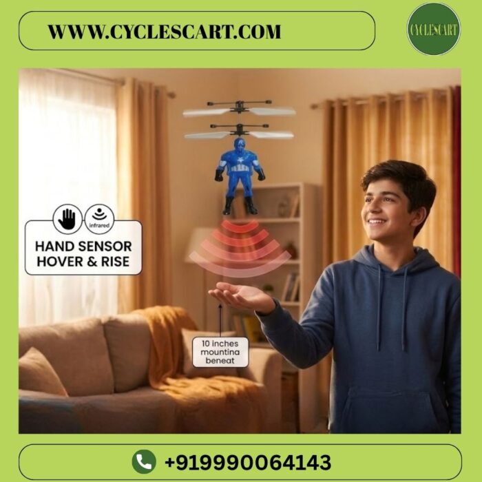 hand-sensor-hover-flying-superhero-toy-in-action Young boy controlling flying Captain America sensor toy hovering 10 inches above hand | Cyclescart