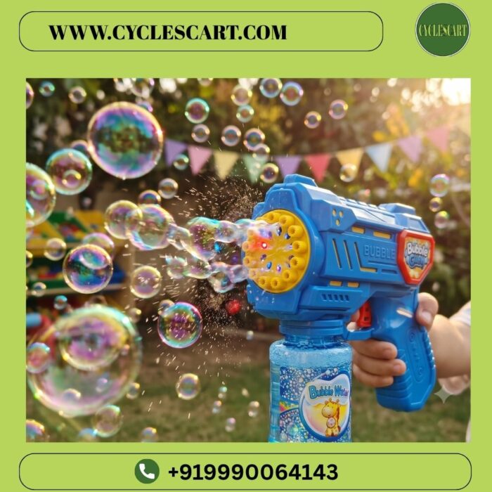 handheld-bubble-blaster-shooting-bubbles-outdoors-cyclescart Close-up shot of handheld blue bubble gun shooting a dense stream of colorful bubbles in an outdoor garden setting | Cyclescart