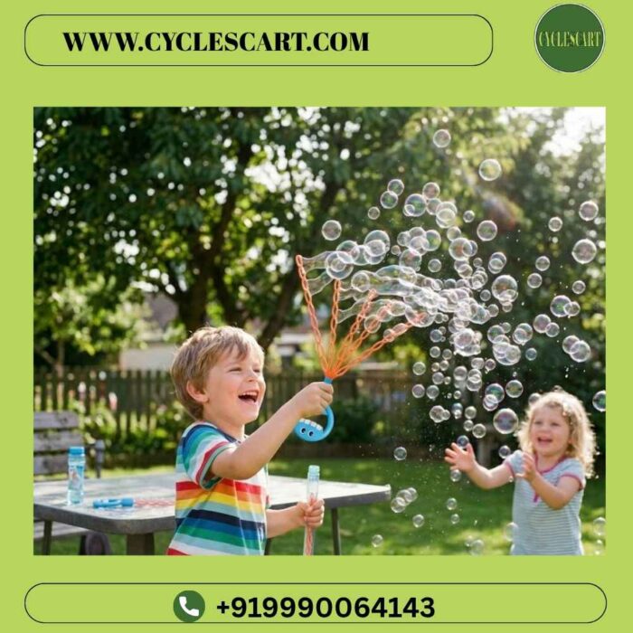 Joyful young boy waving the blue smiley bubble wand producing dense clusters of floating bubbles in the backyard | Cyclescart