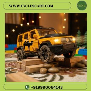 Yellow metal G-Wagon die-cast SUV climbing obstacle with realistic glowing LED headlights | Cyclescart