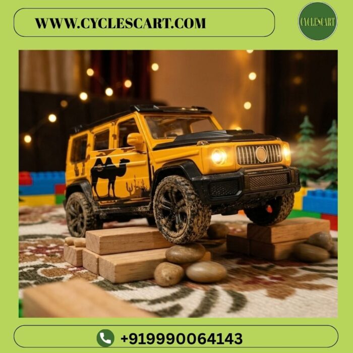 metal-g-wagon-die-cast-car-glowing-led-headlights Yellow metal G-Wagon die-cast SUV climbing obstacle with realistic glowing LED headlights | Cyclescart