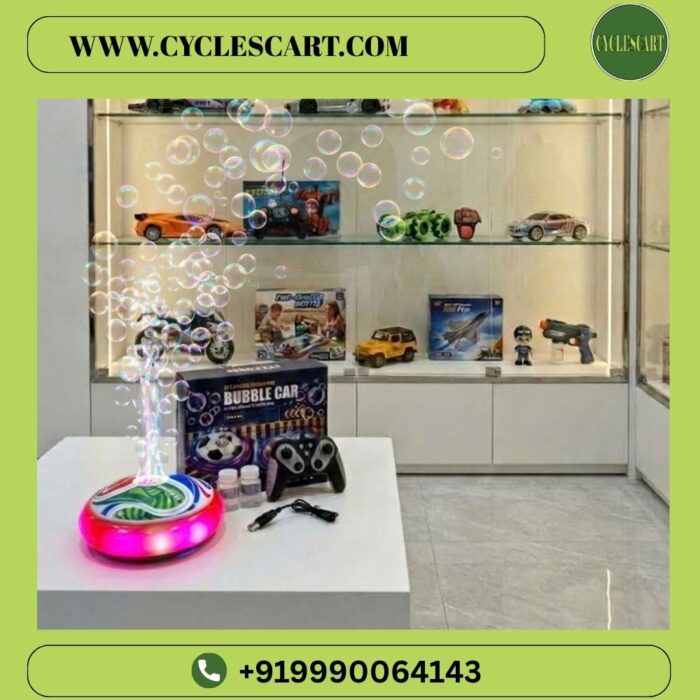 Close-up view of the central bubble dispenser and vibrant soccer graphic pattern of the RC bubble bumper car | Cyclescart