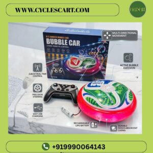 rc-soccer-bubble-car-features-remote-battery-specs 2.4GHz RC soccer bubble car diagram highlighting remote controller, USB charger, LiPo battery, and shock bumper on CyclesCart