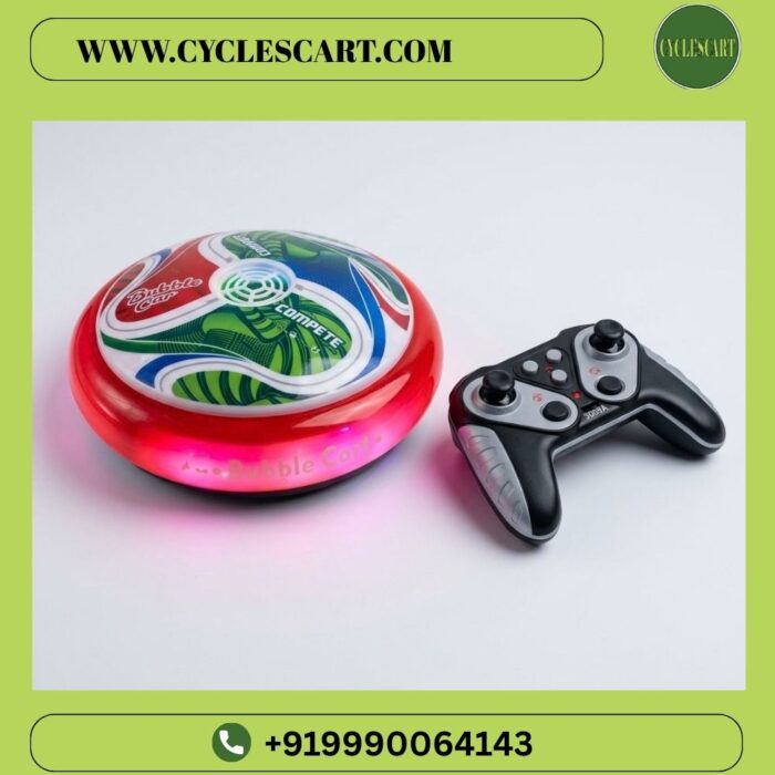 Top view of the green and red soccer bubble car alongside its 2.4GHz dual-stick remote controller | Cyclescart