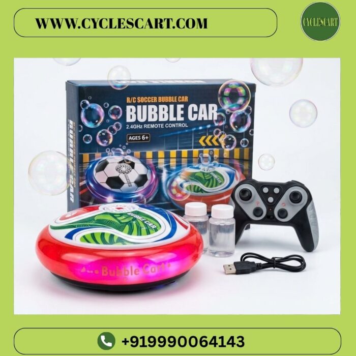 Complete packaging box, bubble car, two bubble solution bottles, USB cord, and transmitter | CyclesCart