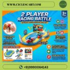 Package contents and features of 2 player racing battle including cars, track, and wireless bracelets