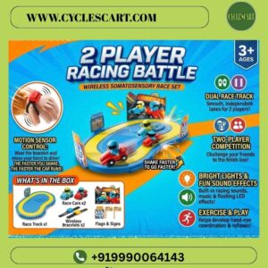 sensor-racing-battle-box-contents-and-features.jpg Package contents and features of 2 player racing battle including cars, track, and wireless bracelets