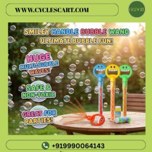 smiley-handle-bubble-wand-assorted-colors-party-display Smiley handle bubble wands in blue, yellow, and green standing on an outdoor wooden table highlighting huge multi-bubble waves | Cyclescart