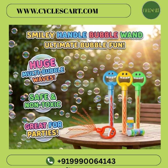 Smiley handle bubble wands in blue, yellow, and green standing on an outdoor wooden table highlighting huge multi-bubble waves | Cyclescart