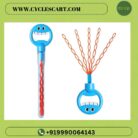 Smiley handle blue bubble wand shown inside clear storage tube and expanded into orange multi-loop fan shape on CyclesCart