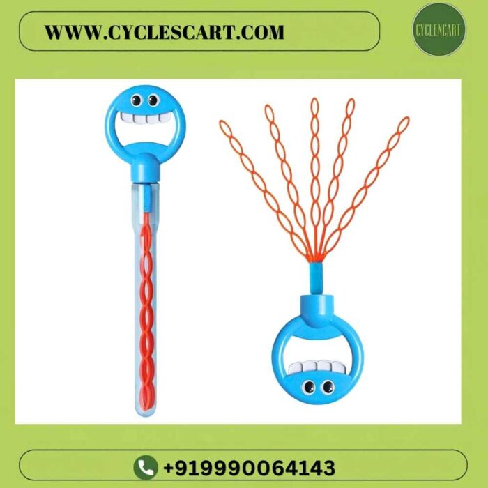 Smiley handle blue bubble wand shown inside clear storage tube and expanded into orange multi-loop fan shape on CyclesCart