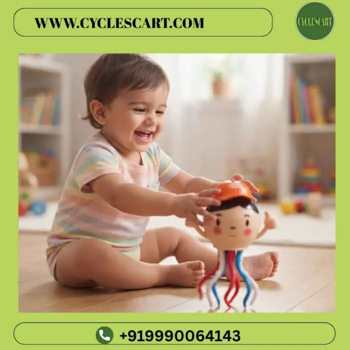 Toddler Playing with Dancing Octopus Crawling Toy Happy smiling baby sitting on floor reaching for the dancing octopus crawling toy | Cyclescart