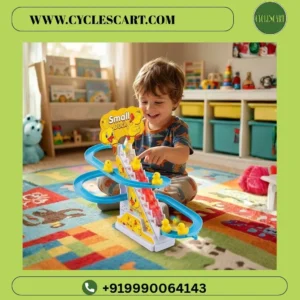 Toddler boy happily playing with the automatic duck climbing escalator slide toy in a playroom| Cyclescart
